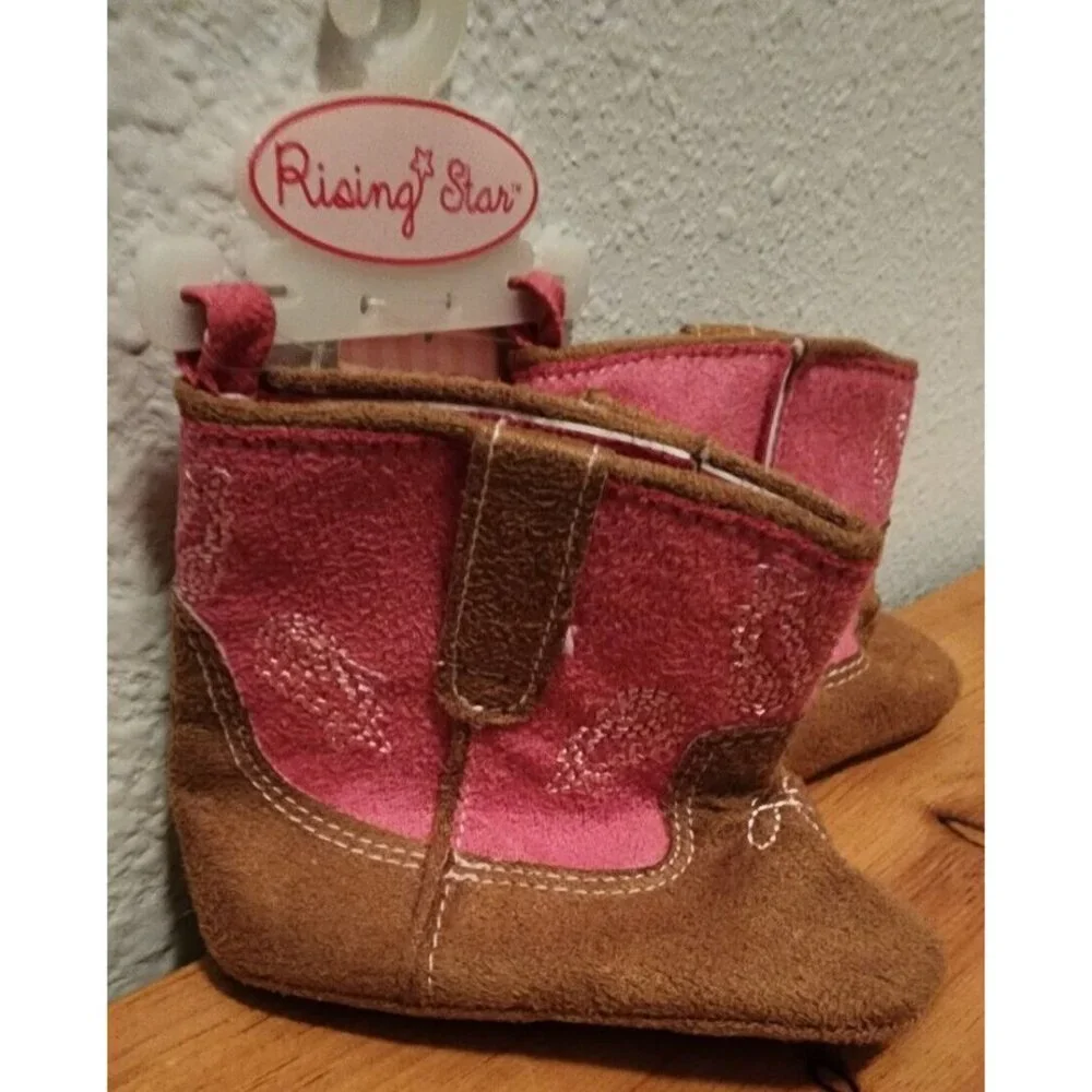 NEW Rising‎ Star Cowboy Cowgirl Soft Sole Boots Pink/Brown Infant Sz 9-12 Months